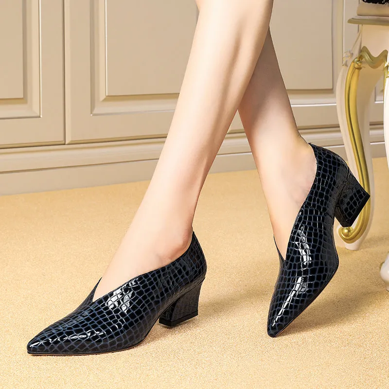Dua V Cut Snake Print Chunky Heel Pumps