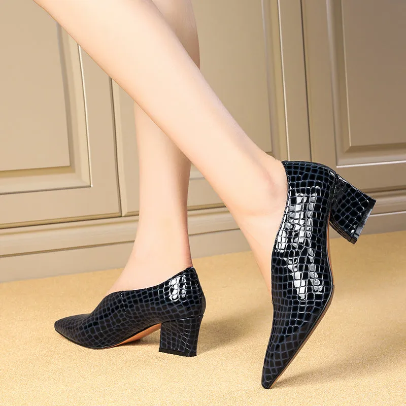 Dua V Cut Snake Print Chunky Heel Pumps