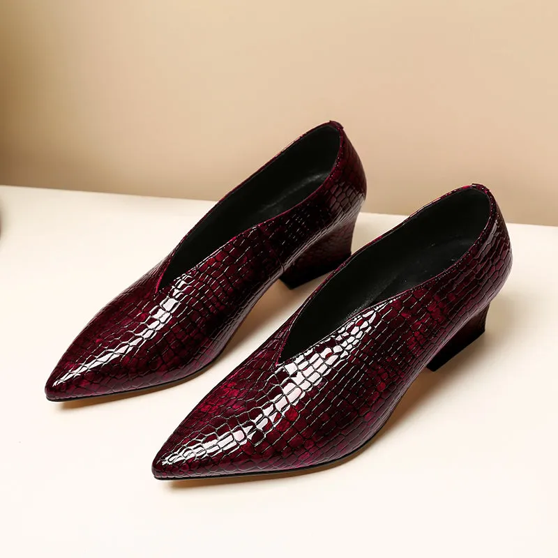 Dua V Cut Snake Print Chunky Heel Pumps