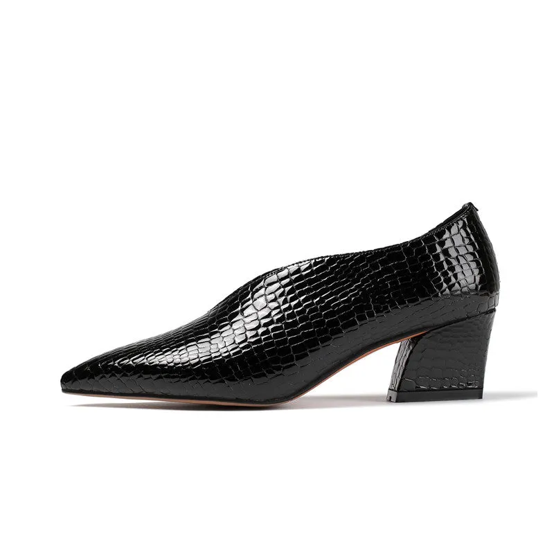 Dua V Cut Snake Print Chunky Heel Pumps