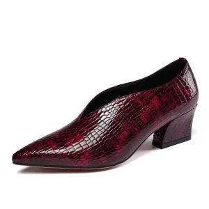 Dua V Cut Snake Print Chunky Heel Pumps