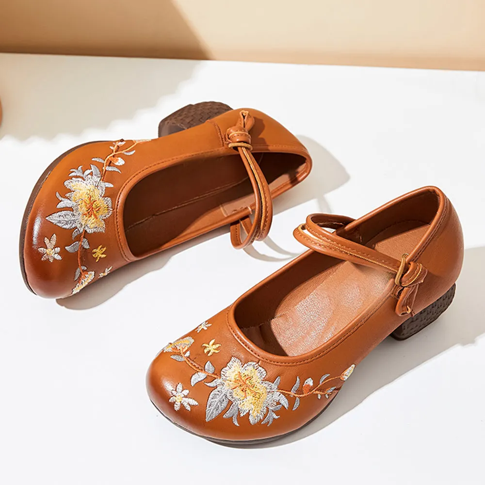 Embroidery Ethnic Style Chunky Heels Shoes