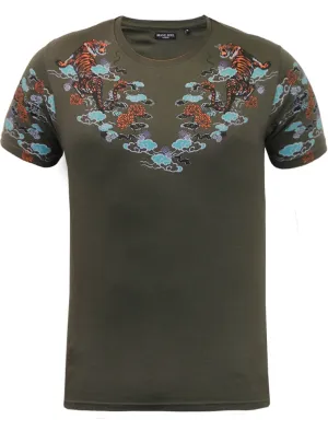 Gozen Tiger Print Crew Neck T-Shirt in Khaki