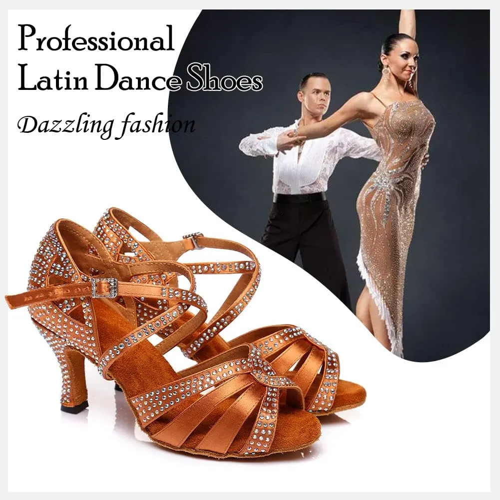 HIPPOSEUS Women's Latin Dance Shoes Shiny Rhinestones Ballroom Salsa Dance Heels
