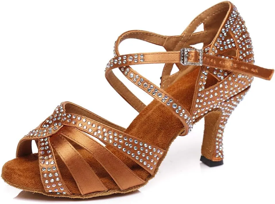 HIPPOSEUS Women's Latin Dance Shoes Shiny Rhinestones Ballroom Salsa Dance Heels