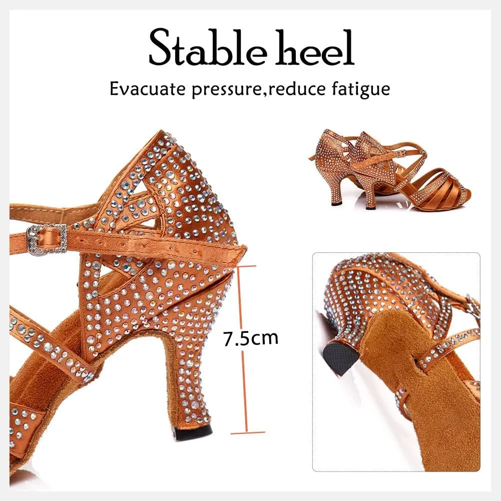 HIPPOSEUS Women's Latin Dance Shoes Shiny Rhinestones Ballroom Salsa Dance Heels