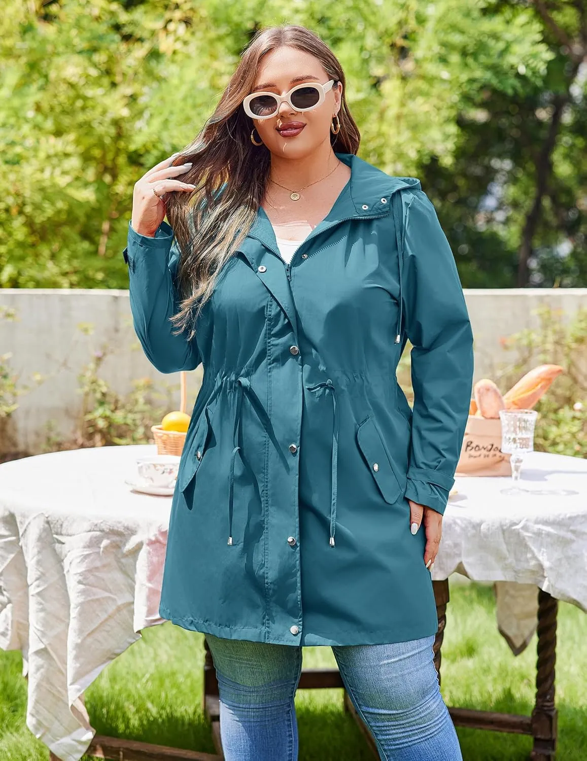 IN'VOLAND Plus Size Rain Jackets For Women Waterproof Rain Coats with Hood Lightweight Windbreaker Outdoor Trench Coat