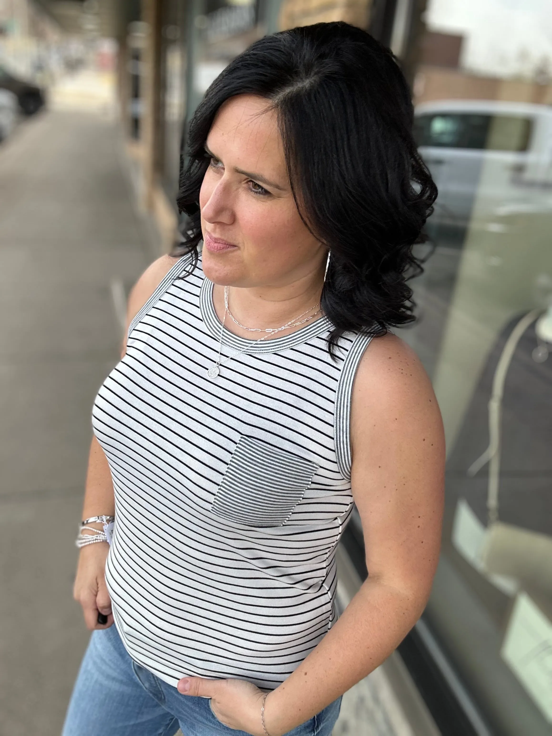 Ivory/Black Striped Terry Tank