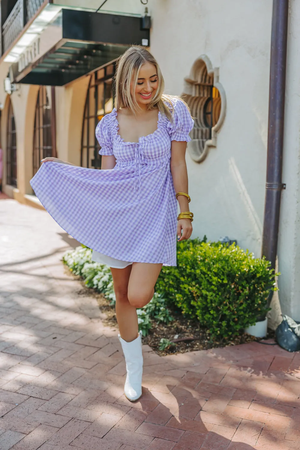 Jac Puff Sleeve Short Dress - Purple Plaid