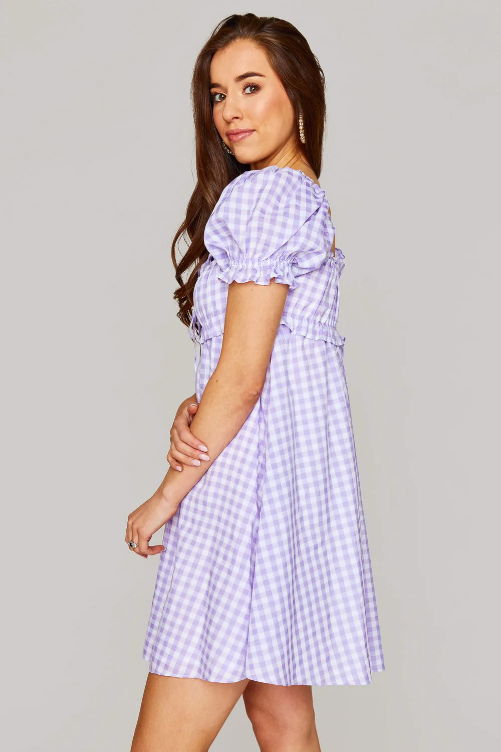 Jac Puff Sleeve Short Dress - Purple Plaid