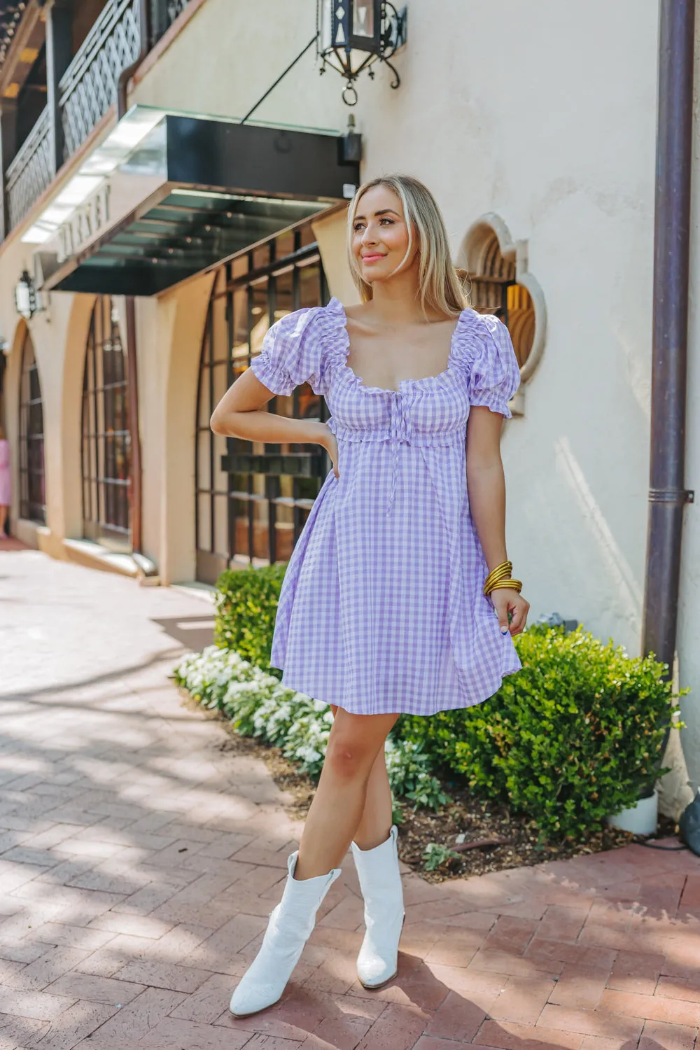 Jac Puff Sleeve Short Dress - Purple Plaid