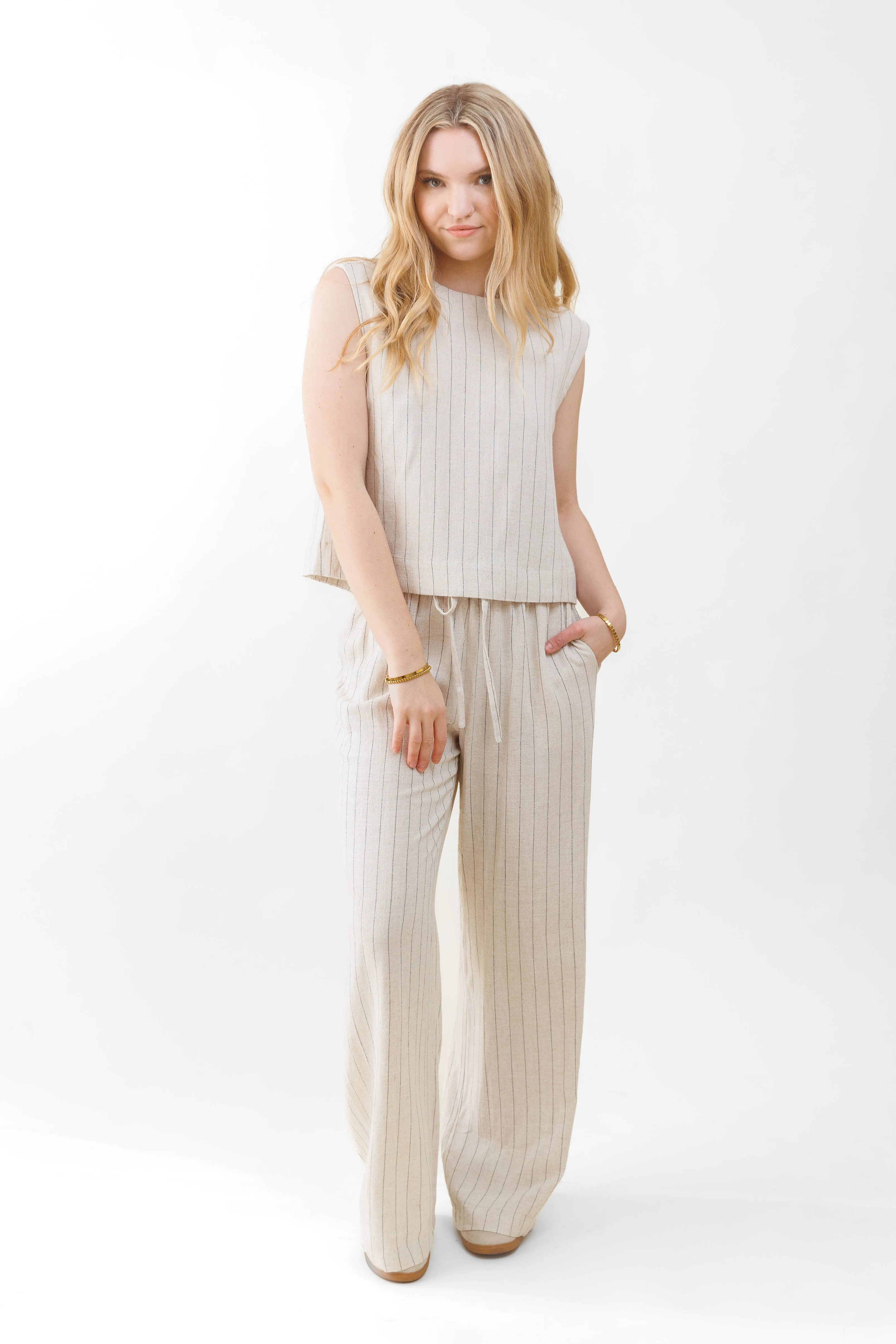 LEAH PINSTRIPE WIDE-LEG PANTS