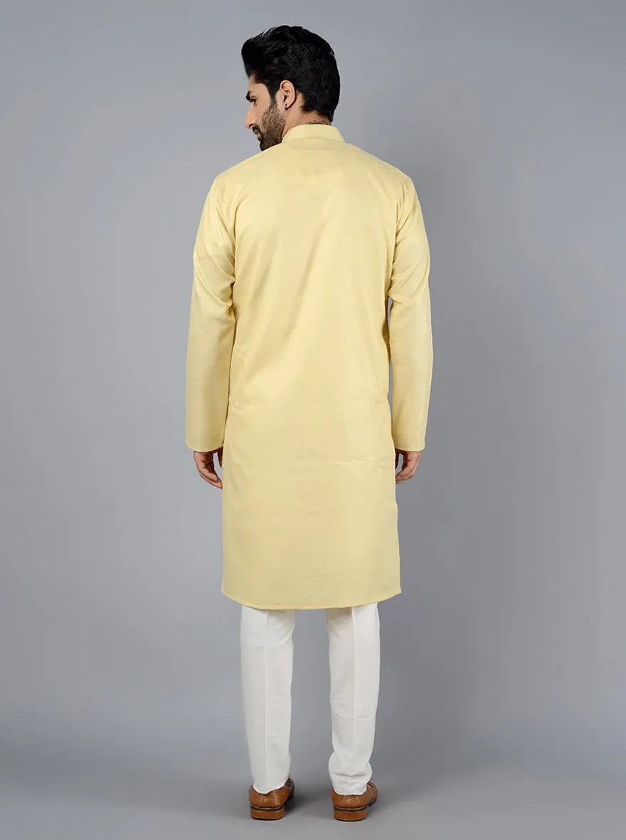 Light Yellow Solid Cotton Blend Kurta for Men