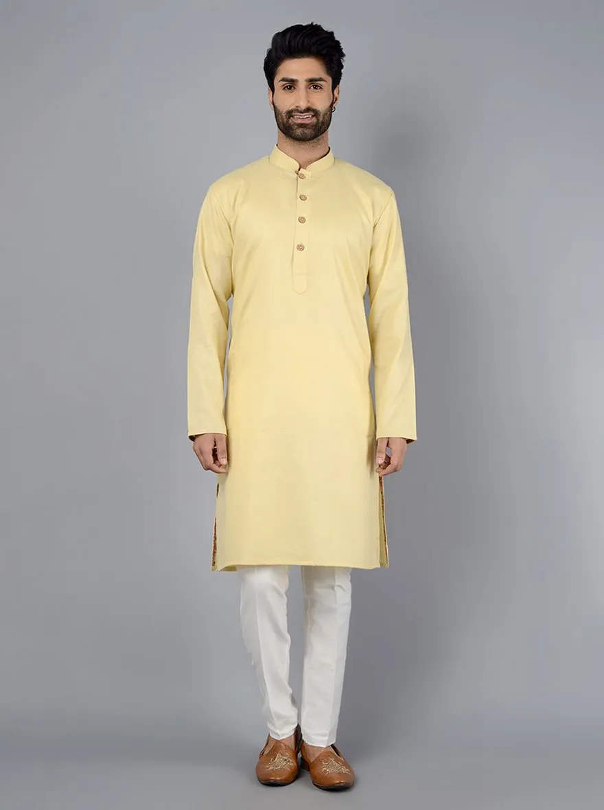 Light Yellow Solid Cotton Blend Kurta for Men