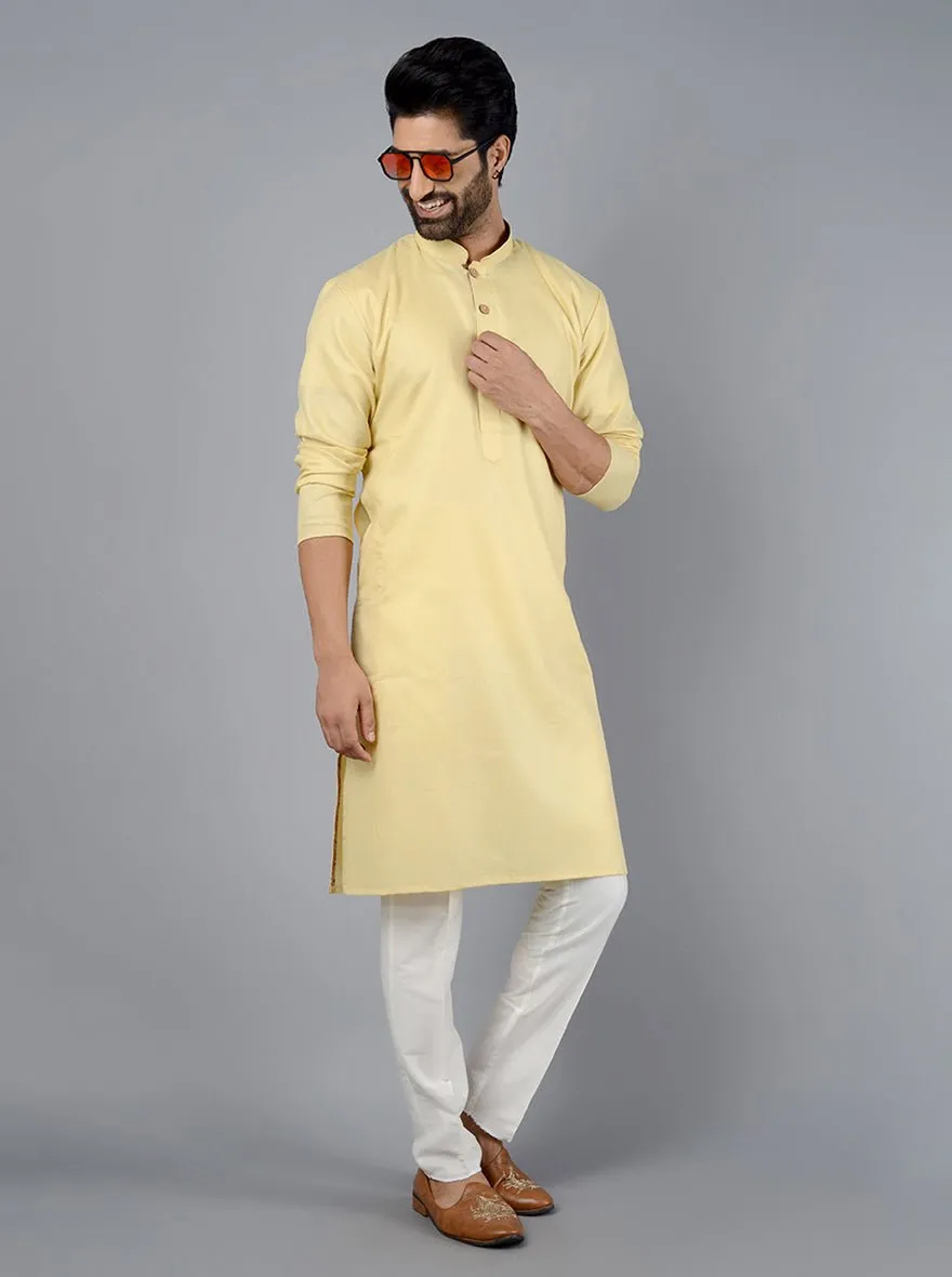 Light Yellow Solid Cotton Blend Kurta for Men