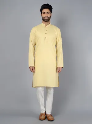 Light Yellow Solid Cotton Blend Kurta for Men