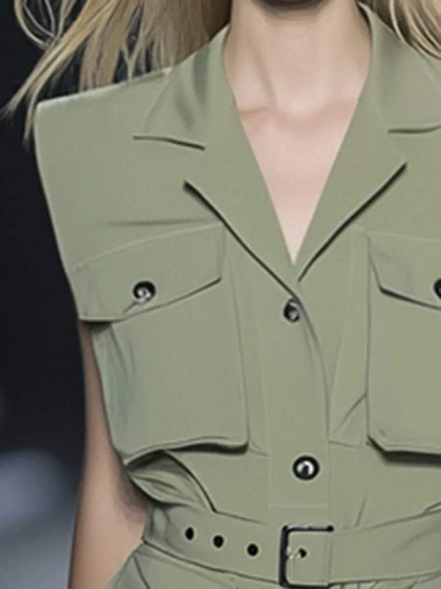 Loose Casual Work Pocket Green Sleeveless Mini Dress