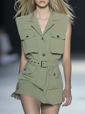 Loose Casual Work Pocket Green Sleeveless Mini Dress