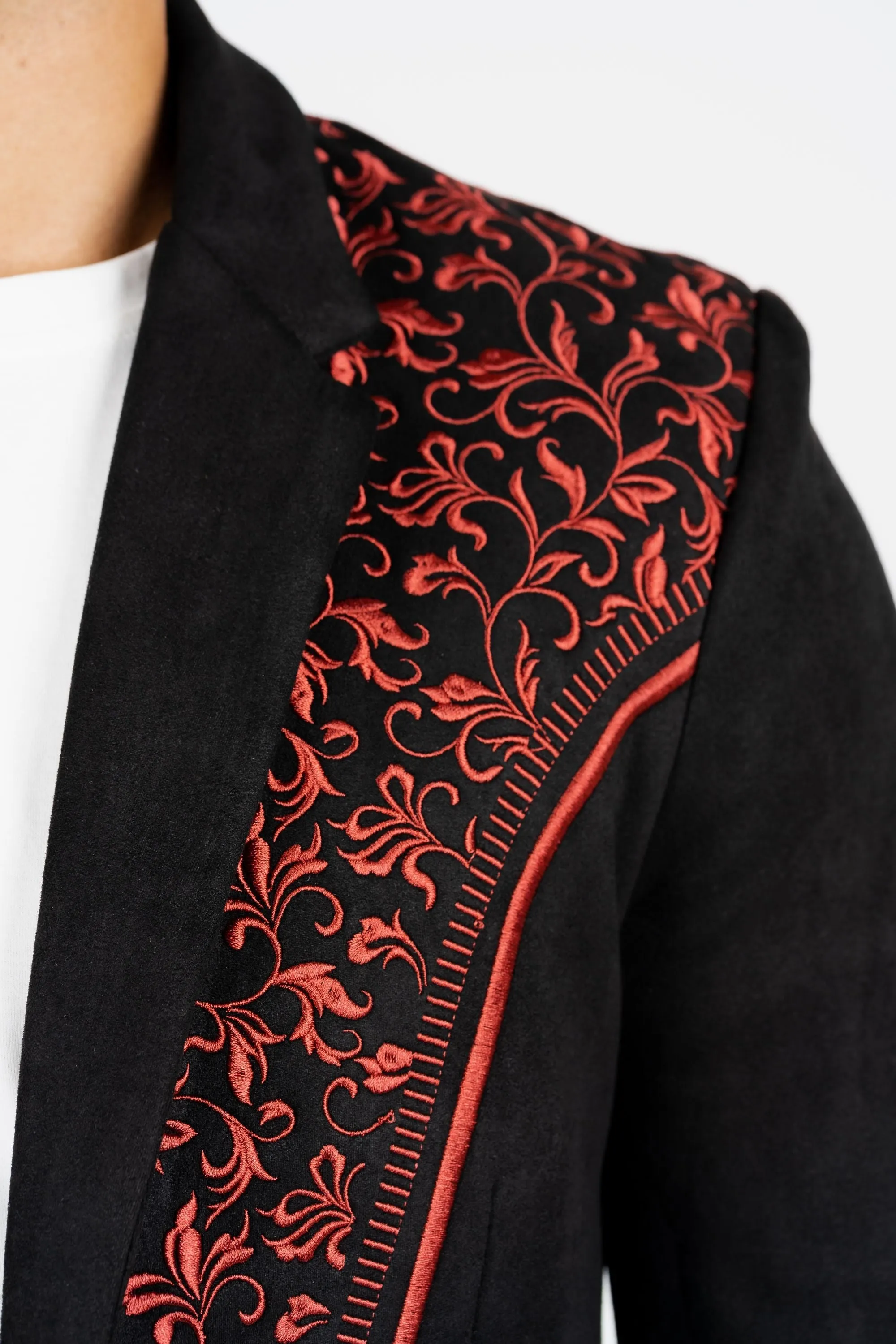 Men's Black/Burgundy Embroidered Faux-Suede Blazer from Platini Fashion
