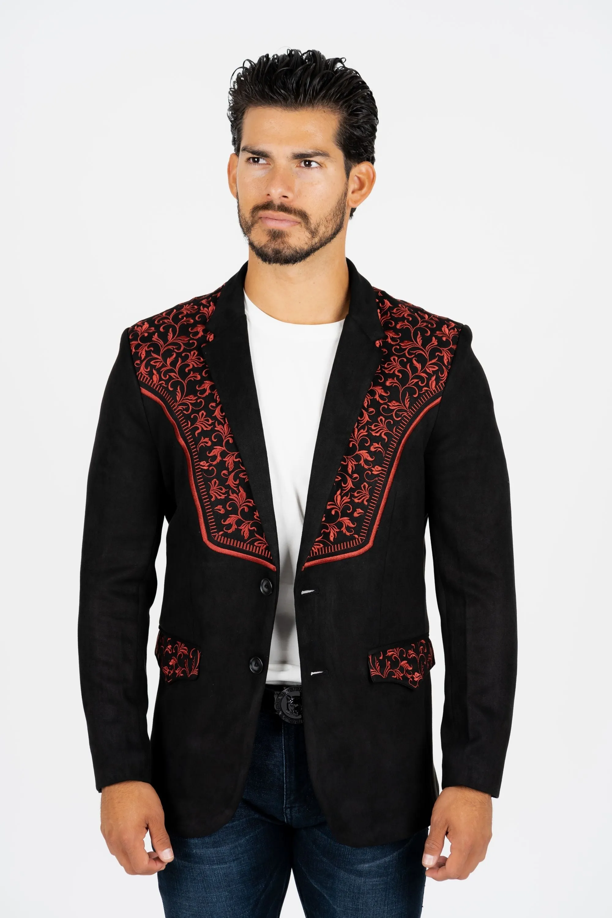 Men's Black/Burgundy Embroidered Faux-Suede Blazer from Platini Fashion