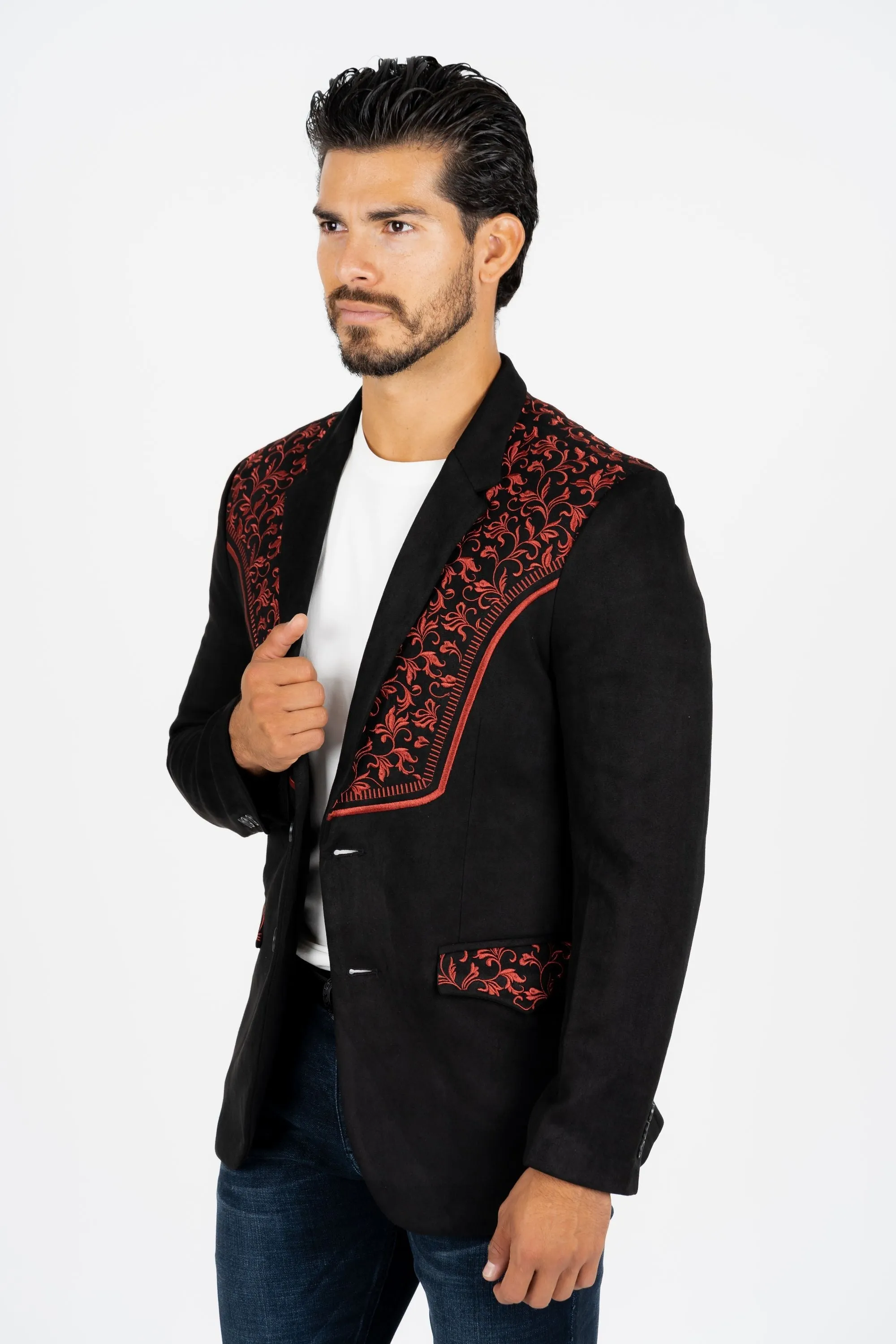 Men's Black/Burgundy Embroidered Faux-Suede Blazer from Platini Fashion