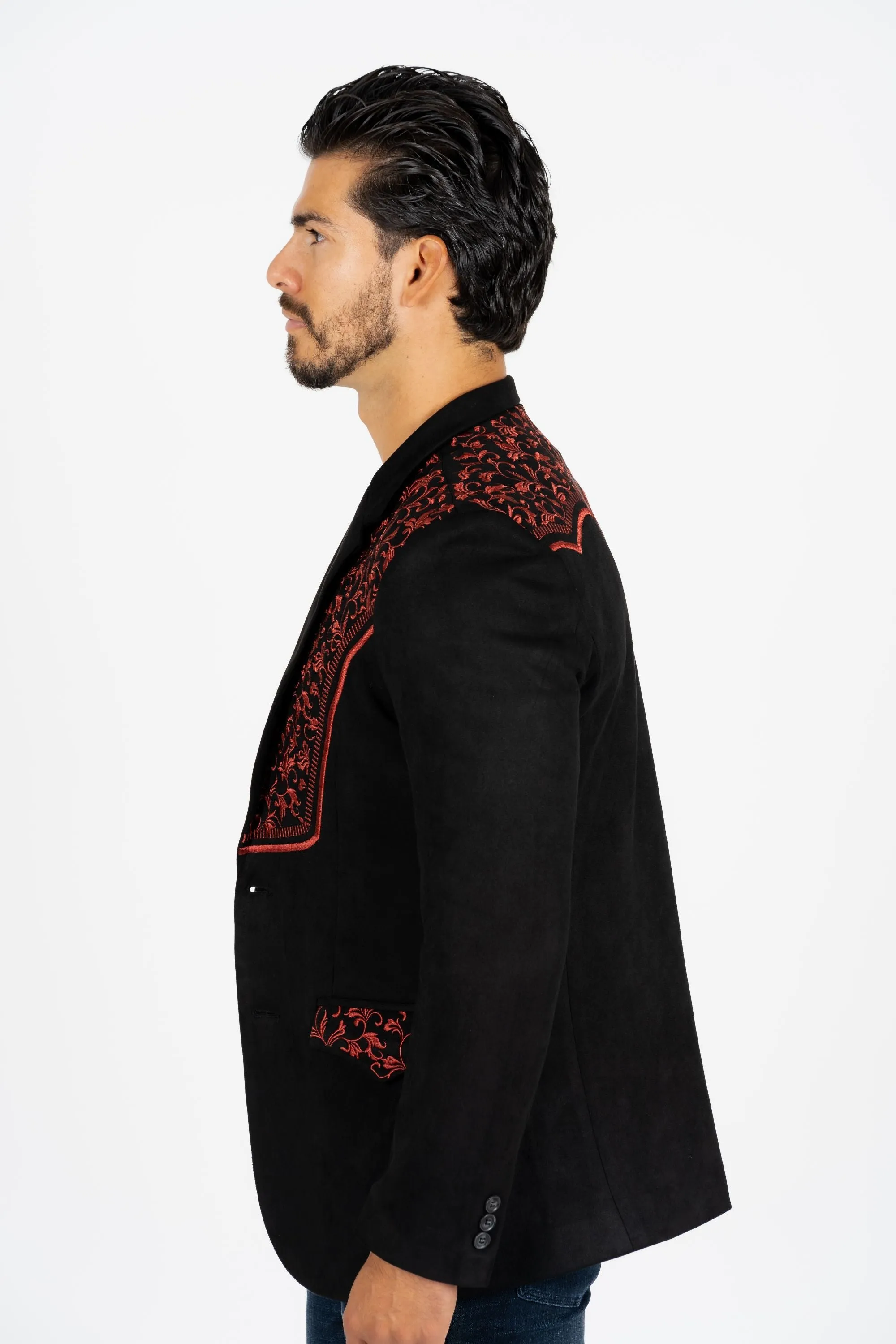Men's Black/Burgundy Embroidered Faux-Suede Blazer from Platini Fashion
