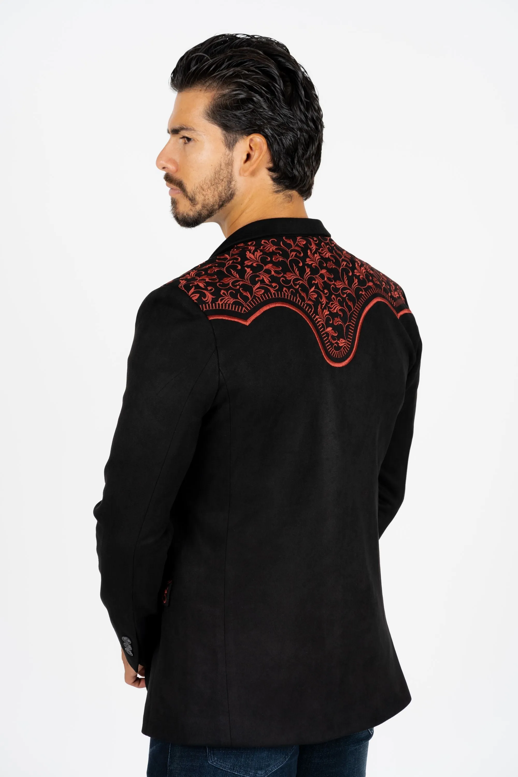 Men's Black/Burgundy Embroidered Faux-Suede Blazer from Platini Fashion
