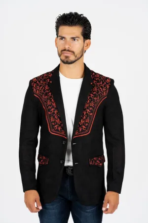 Men's Black/Burgundy Embroidered Faux-Suede Blazer from Platini Fashion