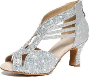 Minishion Women's Latin Salsa Crystals Studded Glitter Zip Dancing Shoes Wedding Ankle Sandals L417