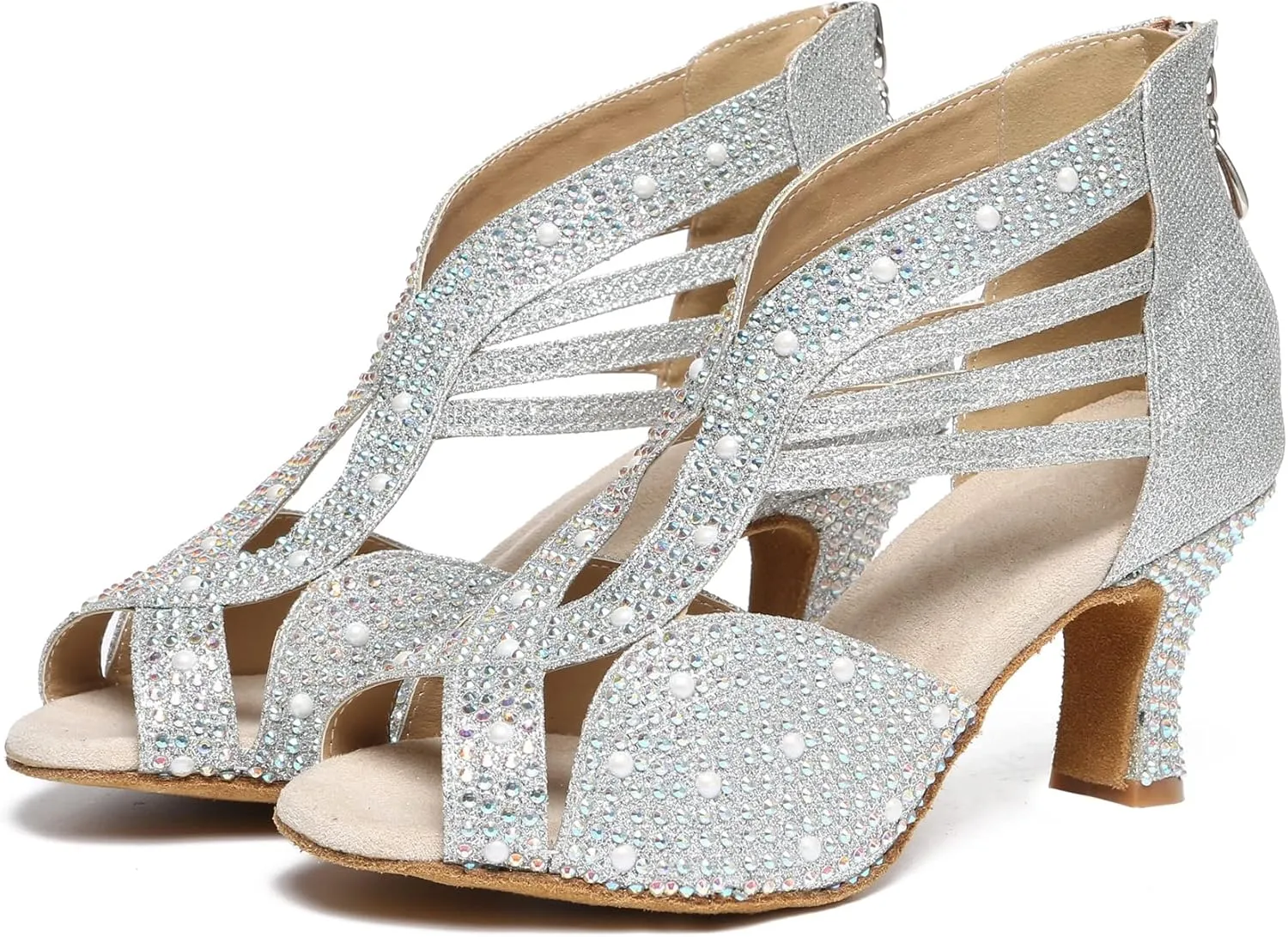 Minishion Women's Latin Salsa Crystals Studded Glitter Zip Dancing Shoes Wedding Ankle Sandals L417