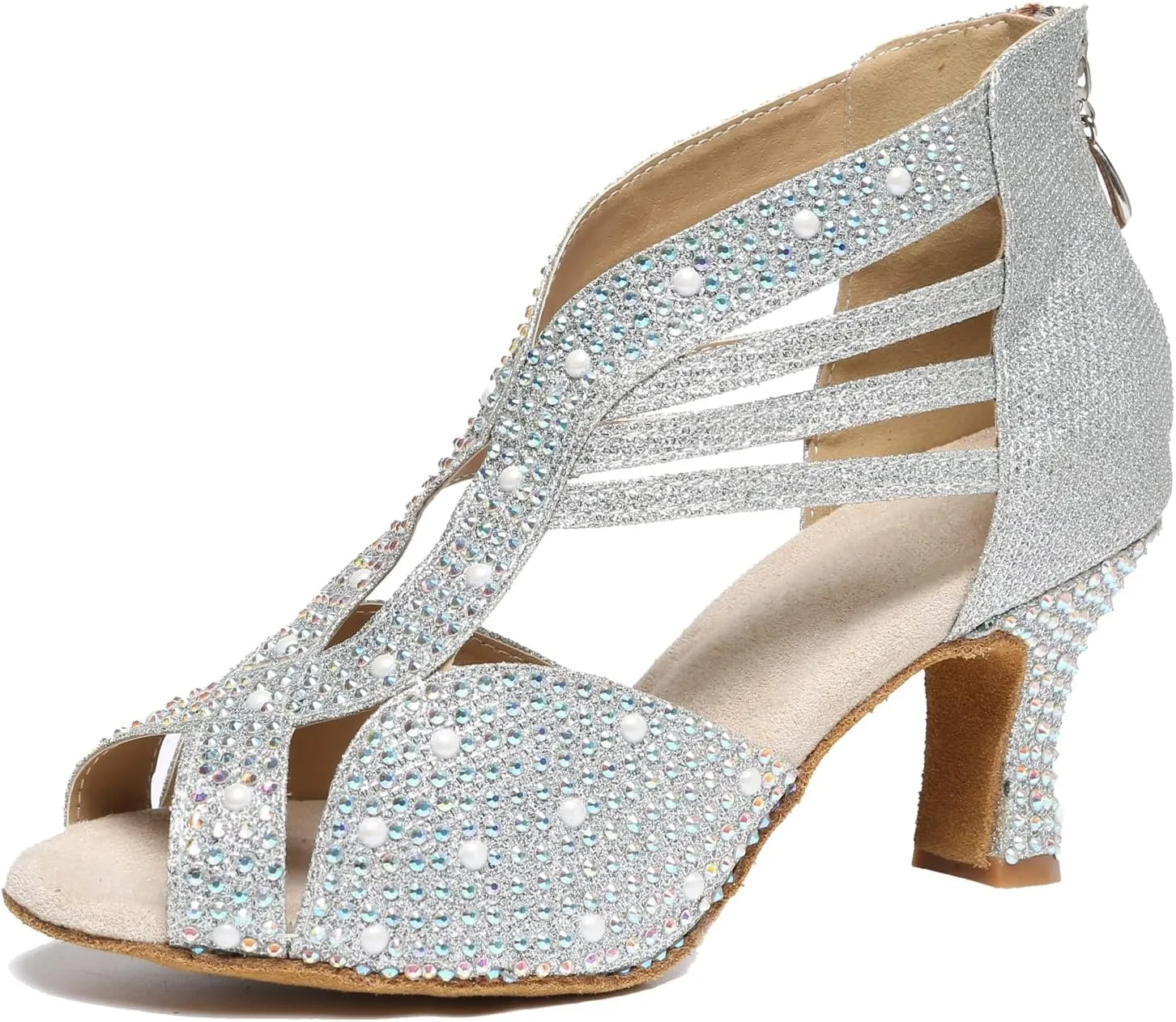 Minishion Women's Latin Salsa Crystals Studded Glitter Zip Dancing Shoes Wedding Ankle Sandals L417