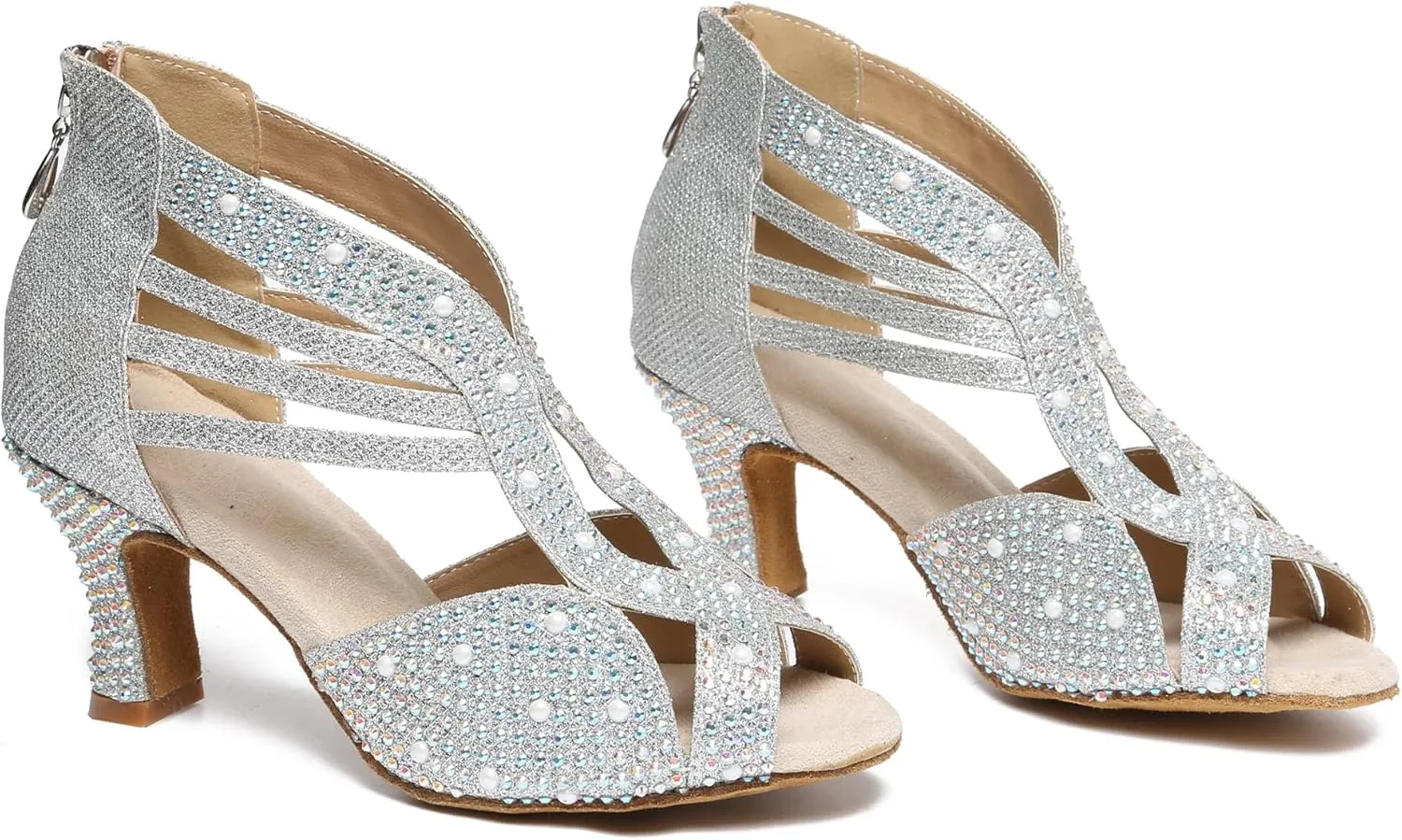 Minishion Women's Latin Salsa Crystals Studded Glitter Zip Dancing Shoes Wedding Ankle Sandals L417