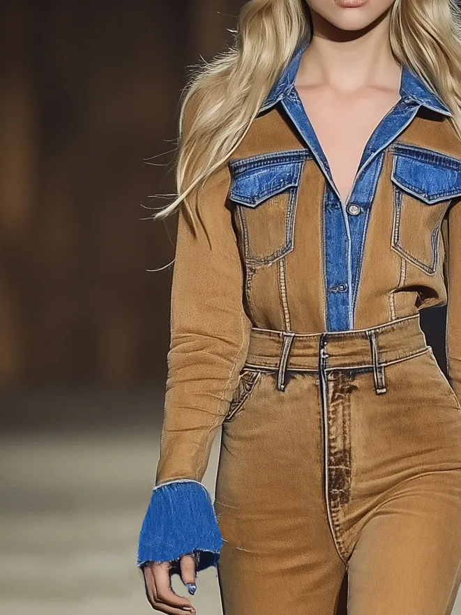 Nomadic Colorblock Brown Denim Long Sleeve Jumpsuit