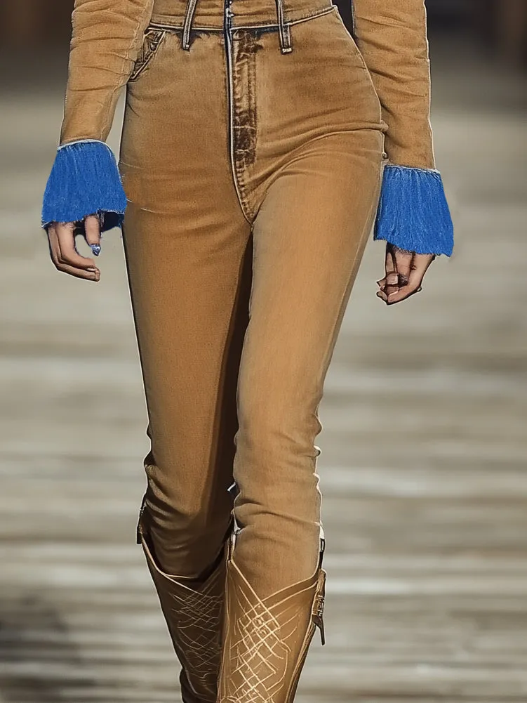 Nomadic Colorblock Brown Denim Long Sleeve Jumpsuit