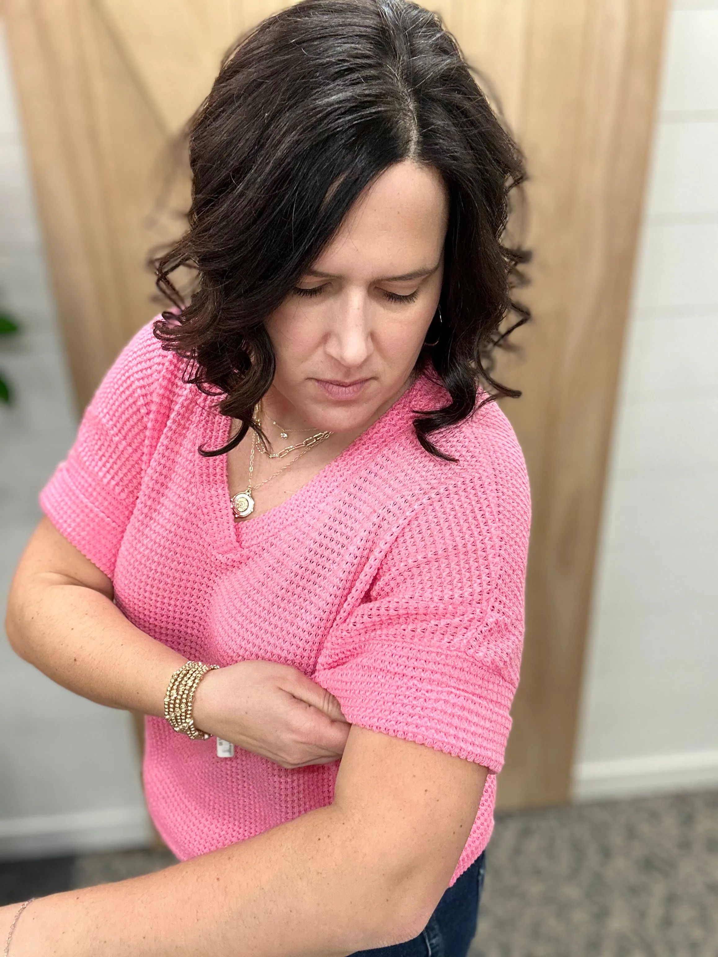 Pink Short Sleeve Crochet Top