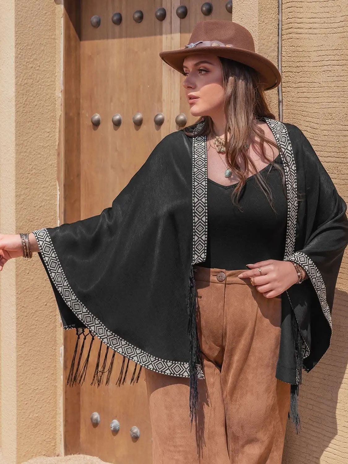 Plus size geometric fringe cardigan