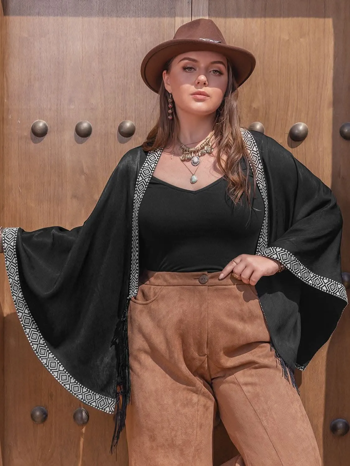 Plus size geometric fringe cardigan