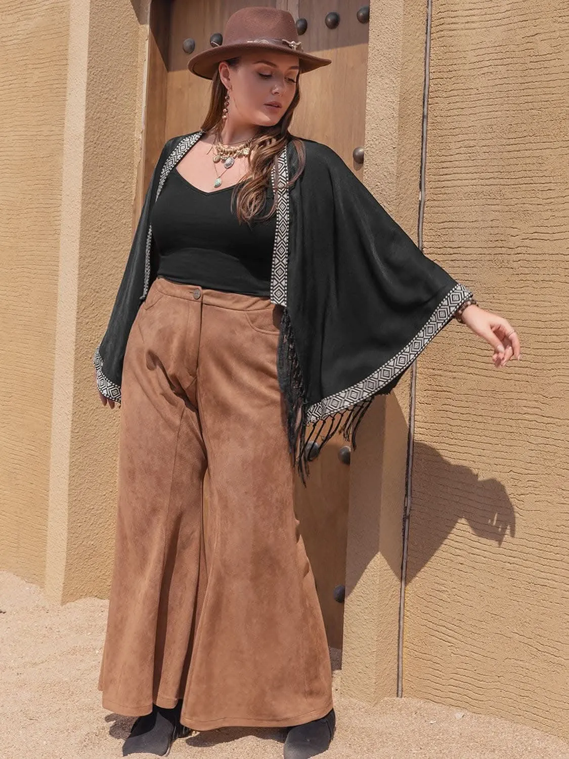 Plus size geometric fringe cardigan