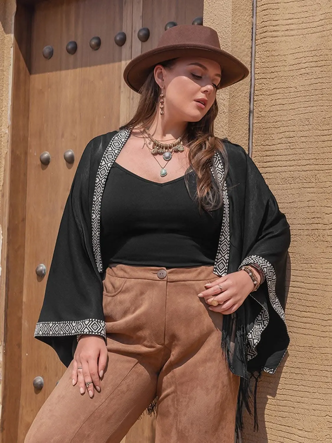Plus size geometric fringe cardigan