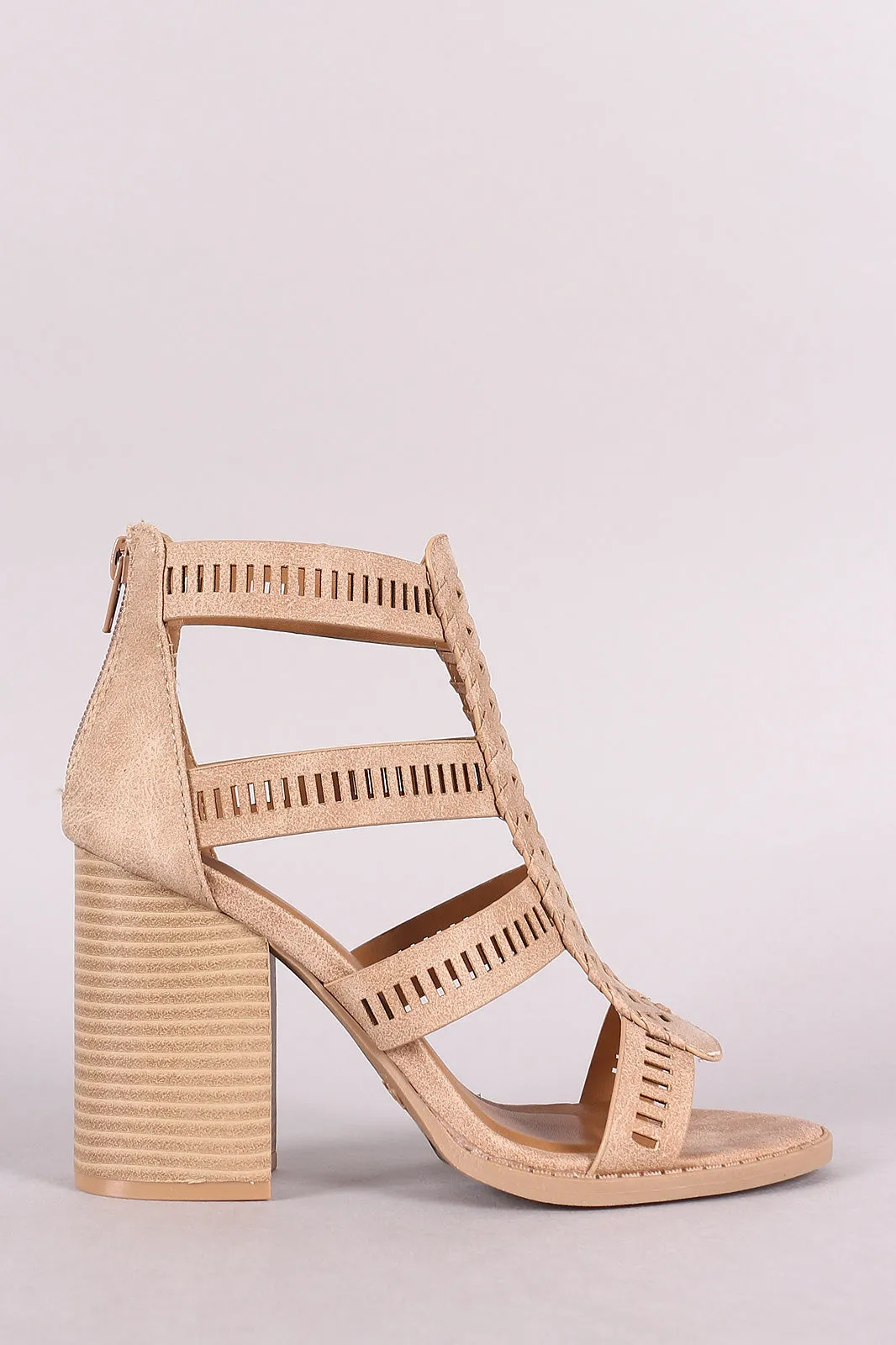 Qupid Strappy Perforated Whipstitch Chunky Heel