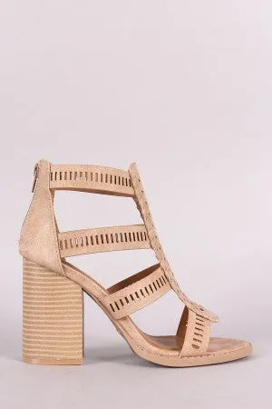 Qupid Strappy Perforated Whipstitch Chunky Heel