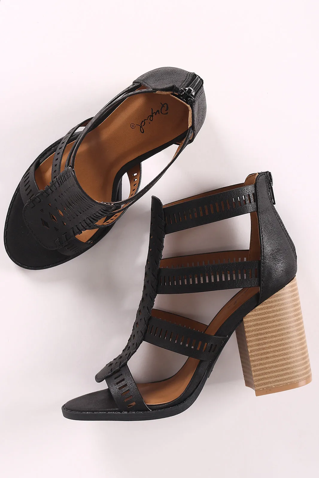 Qupid Strappy Perforated Whipstitch Chunky Heel