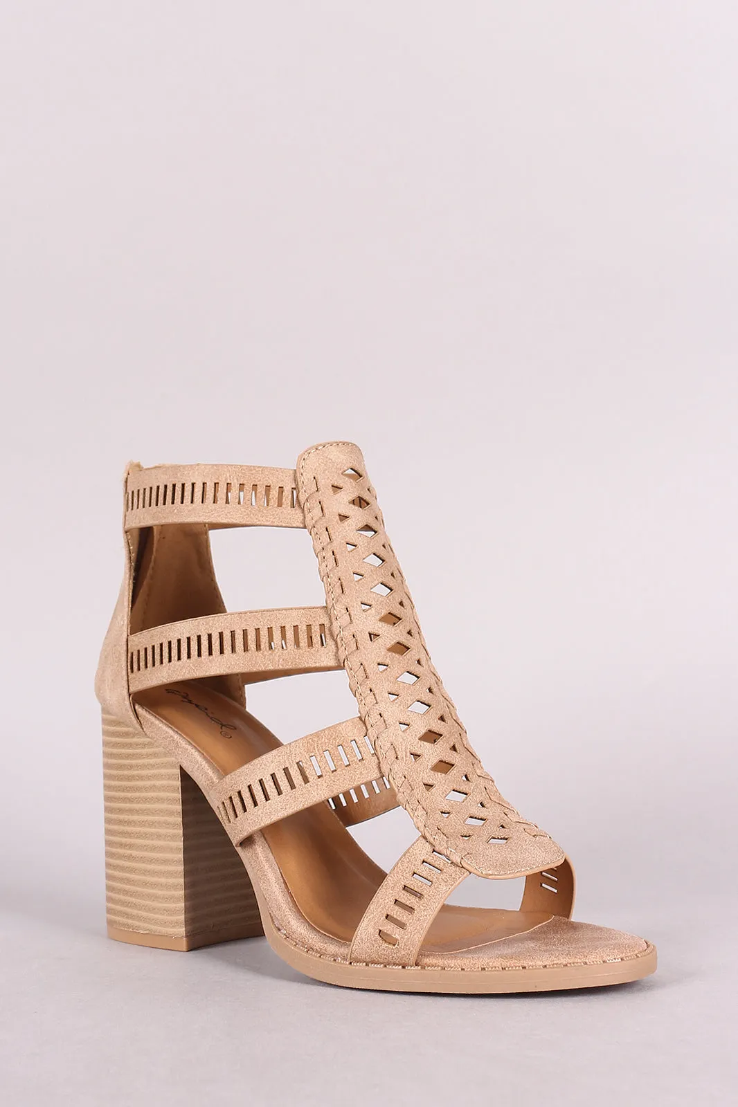 Qupid Strappy Perforated Whipstitch Chunky Heel