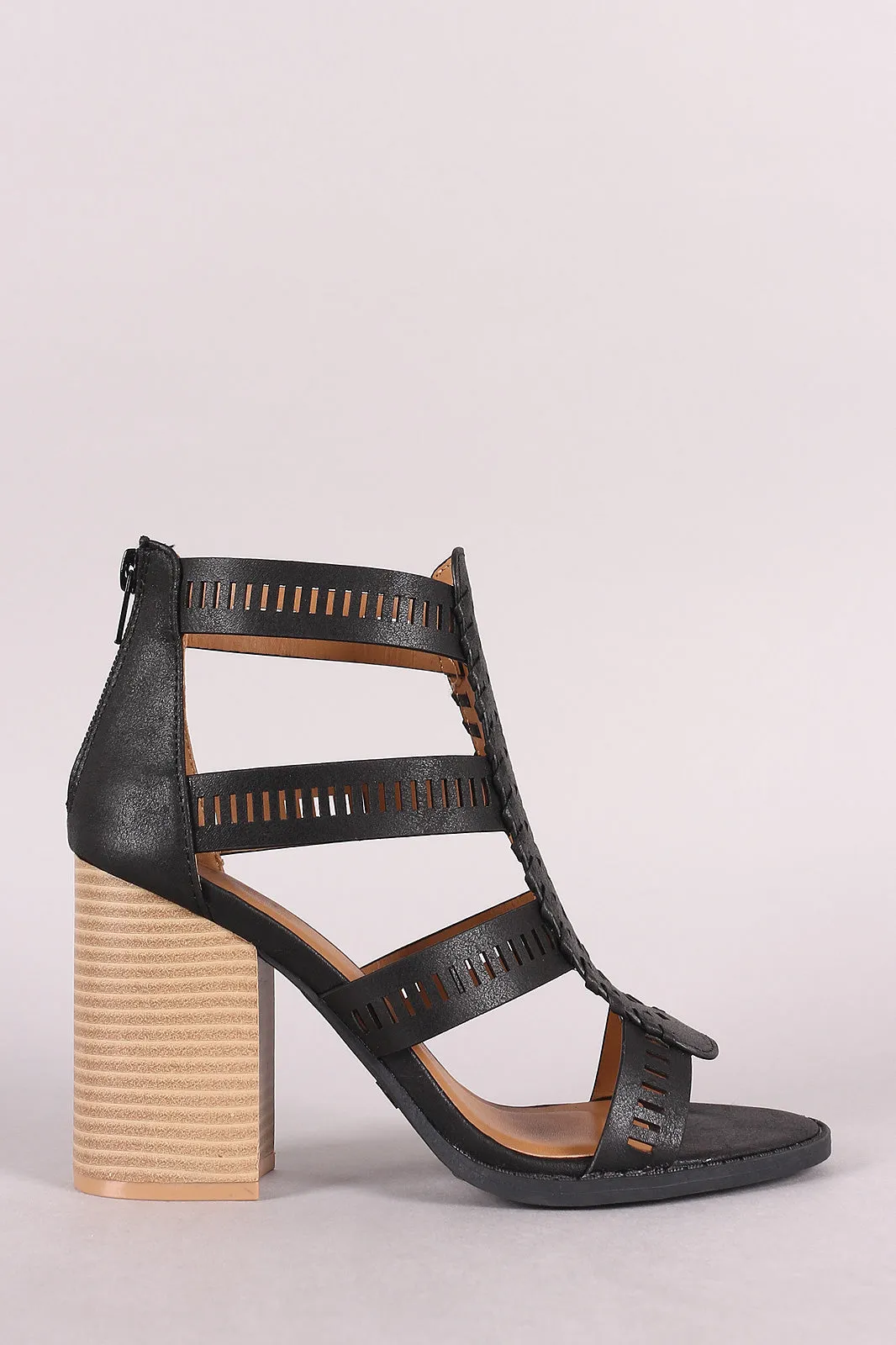 Qupid Strappy Perforated Whipstitch Chunky Heel