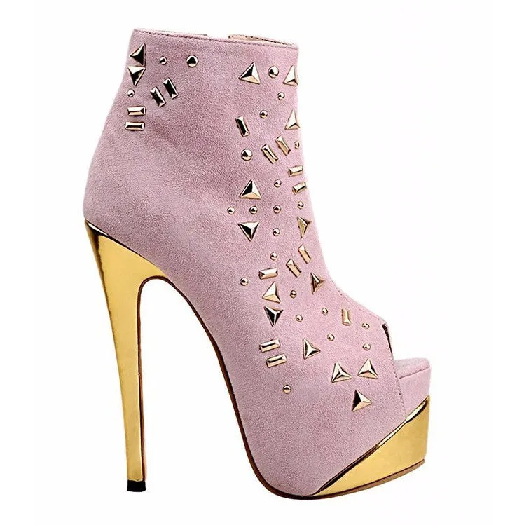 Rivets Peep-toe Super High Stiletto Heel Platform Zipper  Ankle Boot Sandals