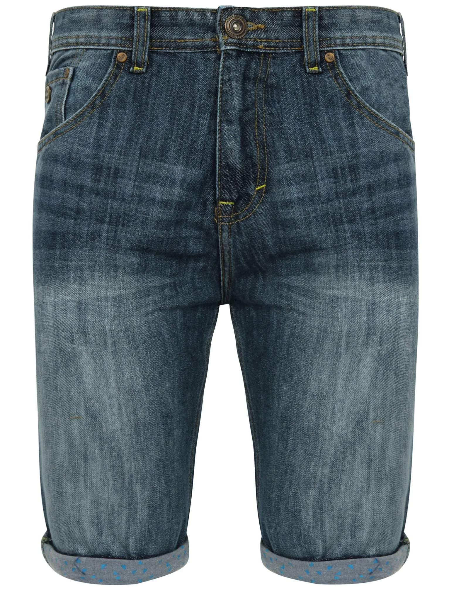Rolan Hem Printed Denim Shorts in Mid Wash