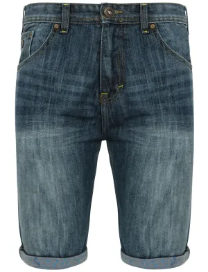 Rolan Hem Printed Denim Shorts in Mid Wash