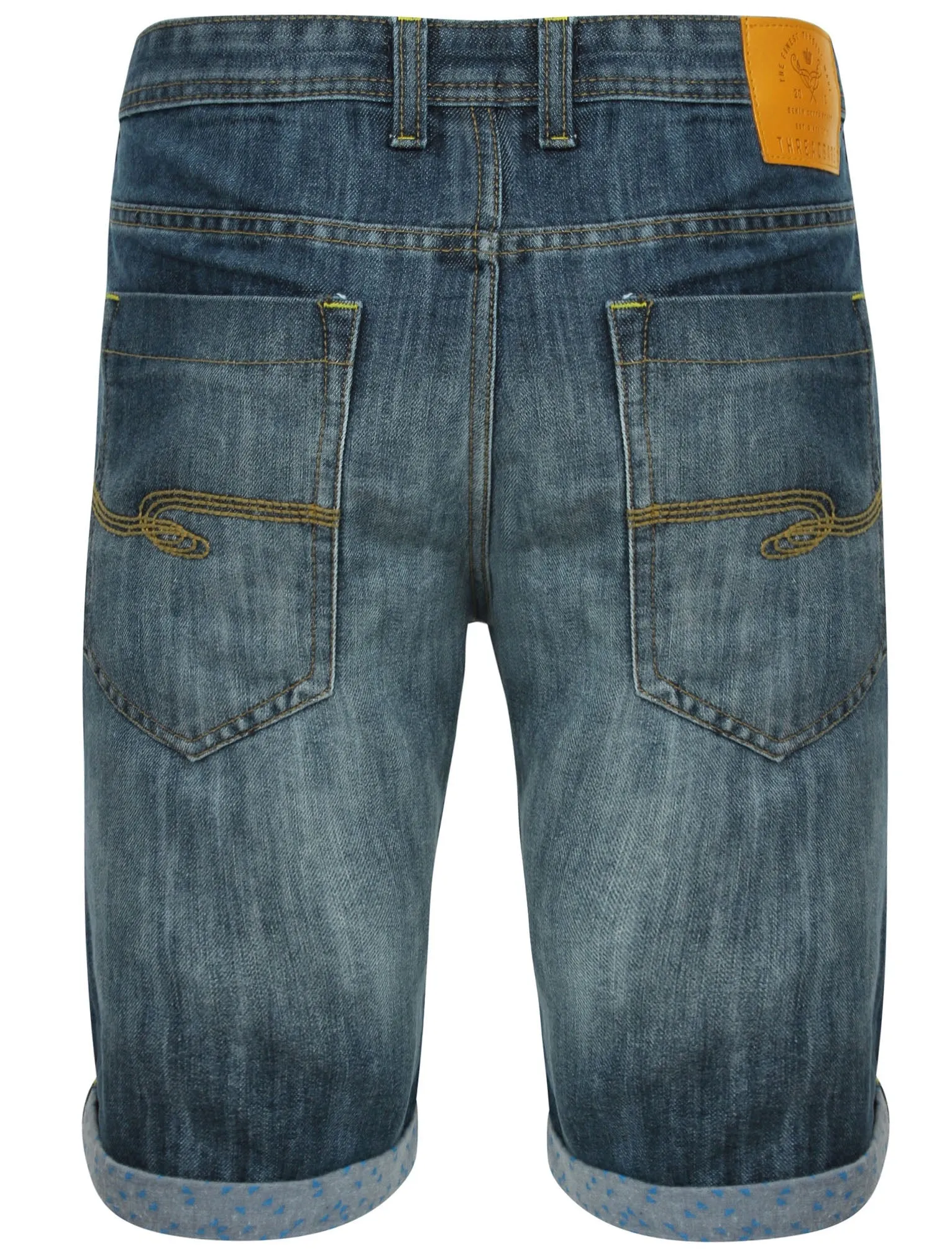 Rolan Hem Printed Denim Shorts in Mid Wash