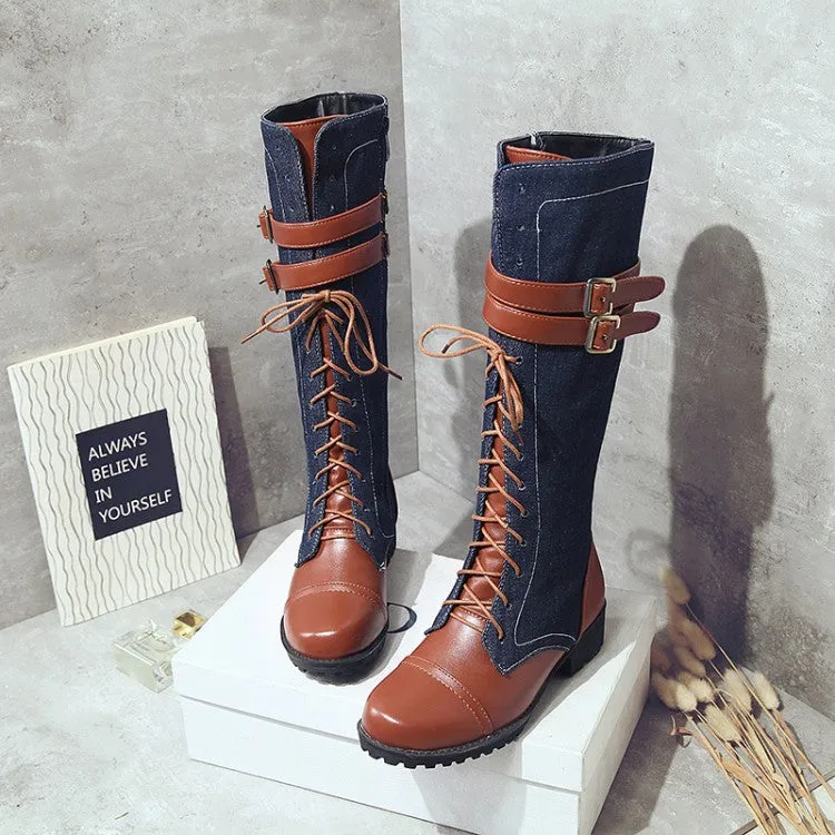 Round Toe Color Block Lace Up Low Chunky Heel Knee-length Boots