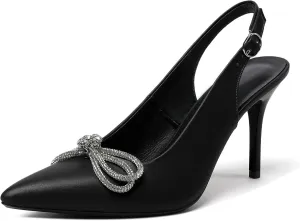 Soireelady Women's Slingback High Heels Rhinestones Bow Closed pointed Toe Ankle Strap Slim Thin Heel Pumps for Wedding Evening Party Dress Shoes 3.5 Inches